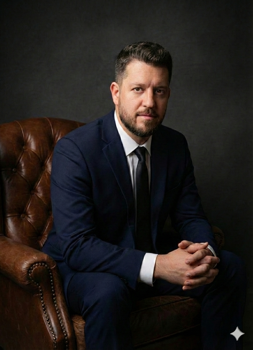 Bruno Gaspar sentado em poltrona, usando terno em retrato premium